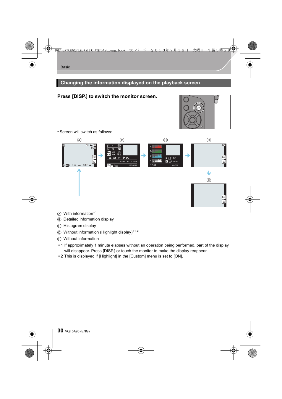 Press [disp.] to switch the monitor screen, Screen will switch as follows: a with information, Basic | Panasonic DMC-GX7SBODY User Manual | Page 30 / 104