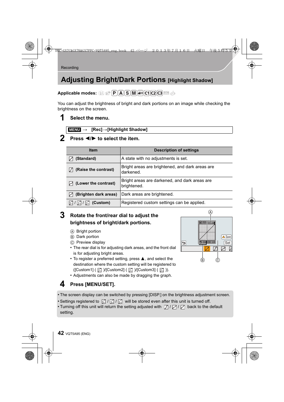 Adjusting bright/dark portions [highlight shadow, Adjusting bright/dark portions, Highlight shadow | Select the menu, Press 2 / 1 to select the item, Press [menu/set | Panasonic DMC-GX7SBODY User Manual | Page 42 / 104