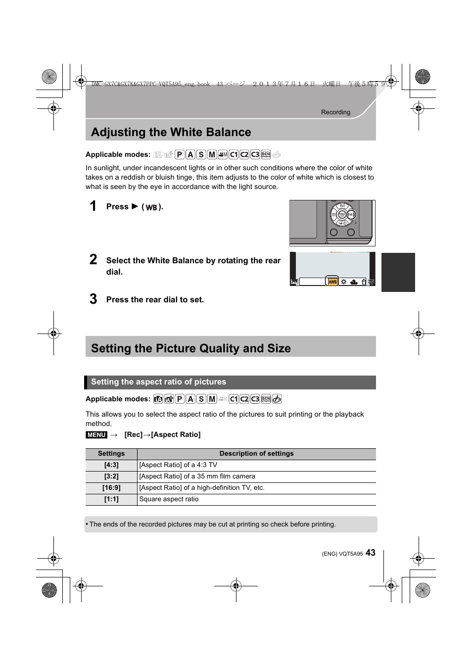 Adjusting the white balance, Setting the picture quality and size, Setting the aspect ratio of pictures | Panasonic DMC-GX7SBODY User Manual | Page 43 / 104