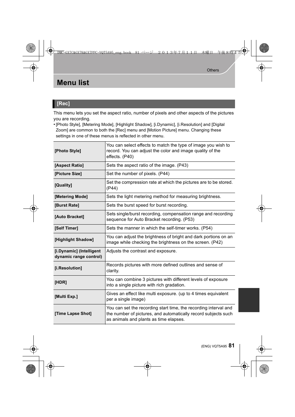 Menu list | Panasonic DMC-GX7SBODY User Manual | Page 81 / 104