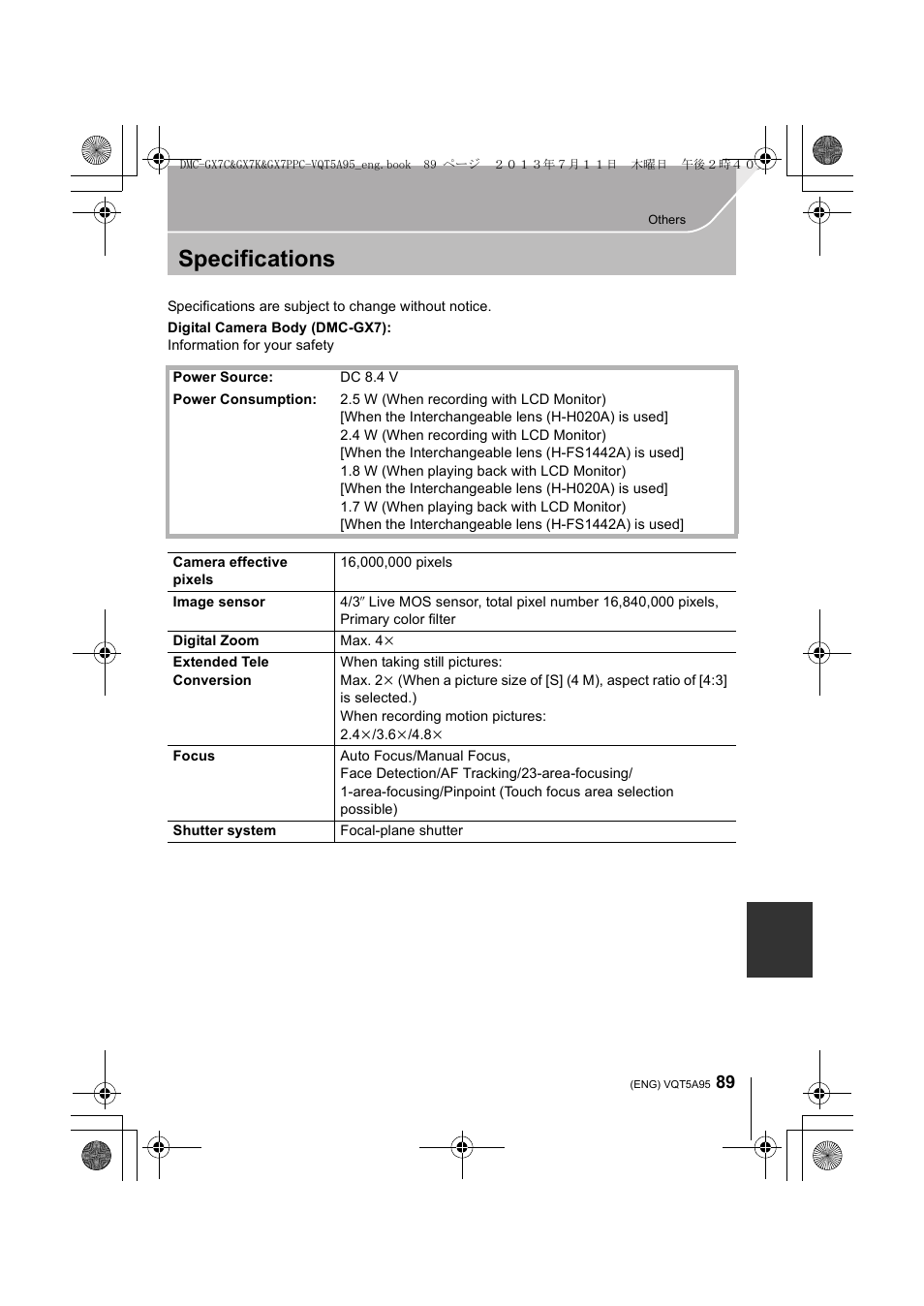 Specifications | Panasonic DMC-GX7SBODY User Manual | Page 89 / 104