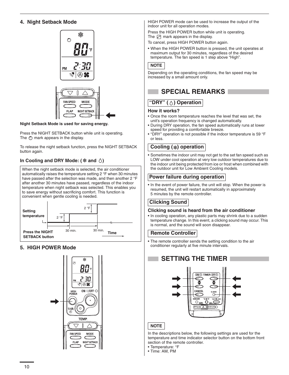 Special remarks, Setting the timer | Panasonic KS12NB41A User Manual | Page 11 / 18