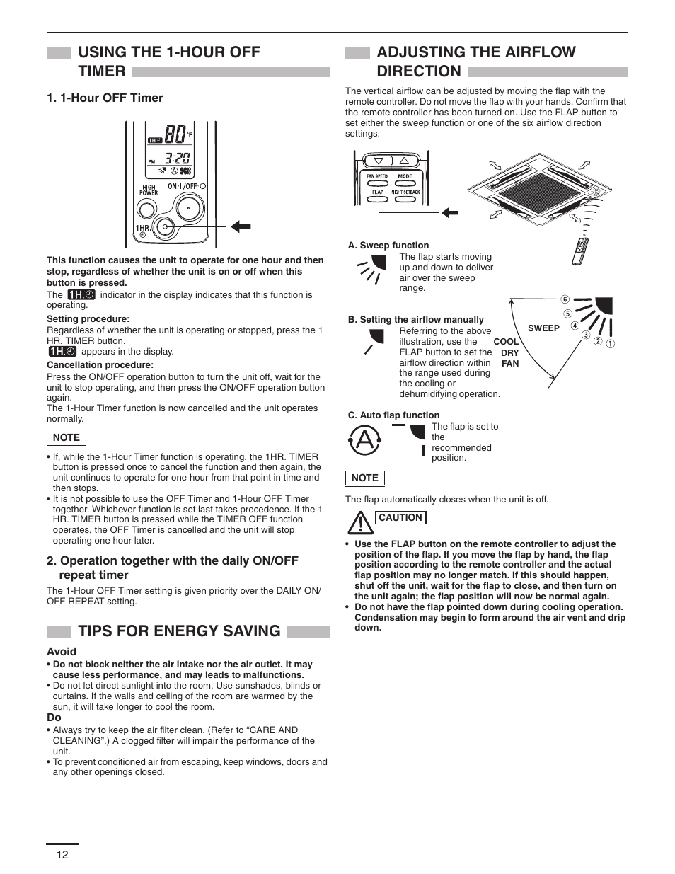 Using the 1-hour off timer, Tips for energy saving, Adjusting the airflow direction | Panasonic KS12NB41A User Manual | Page 13 / 18