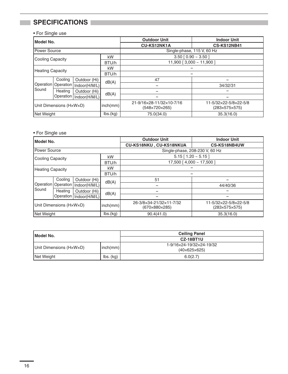 Specifications | Panasonic KS12NB41A User Manual | Page 17 / 18