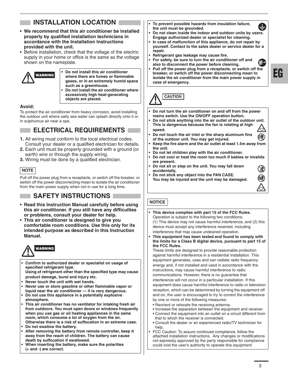 Installation location, Electrical requirements, Safety instructions | Panasonic KS12NB41A User Manual | Page 4 / 18