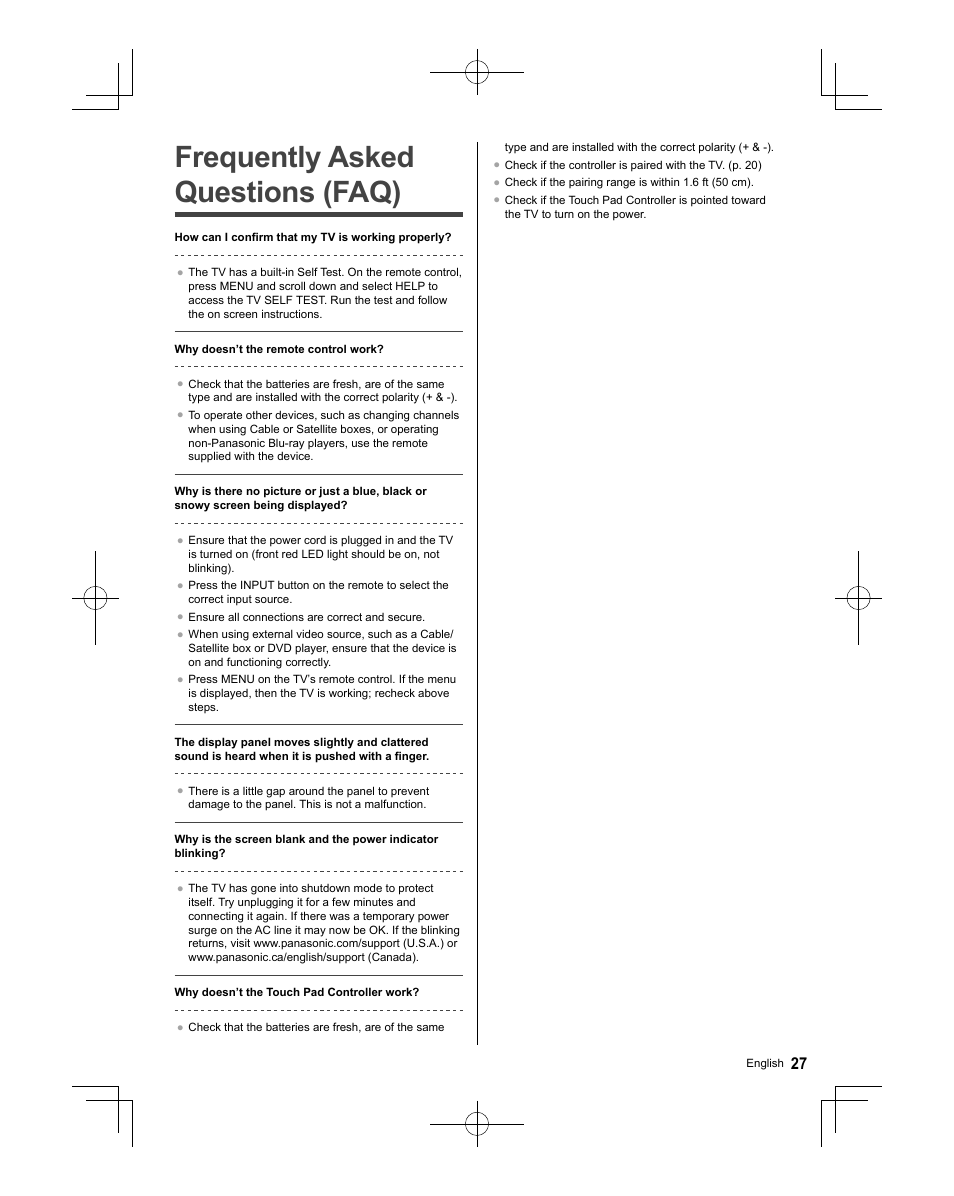 Frequently asked questions (faq) | Panasonic TC-58AX800U User Manual | Page 27 / 38