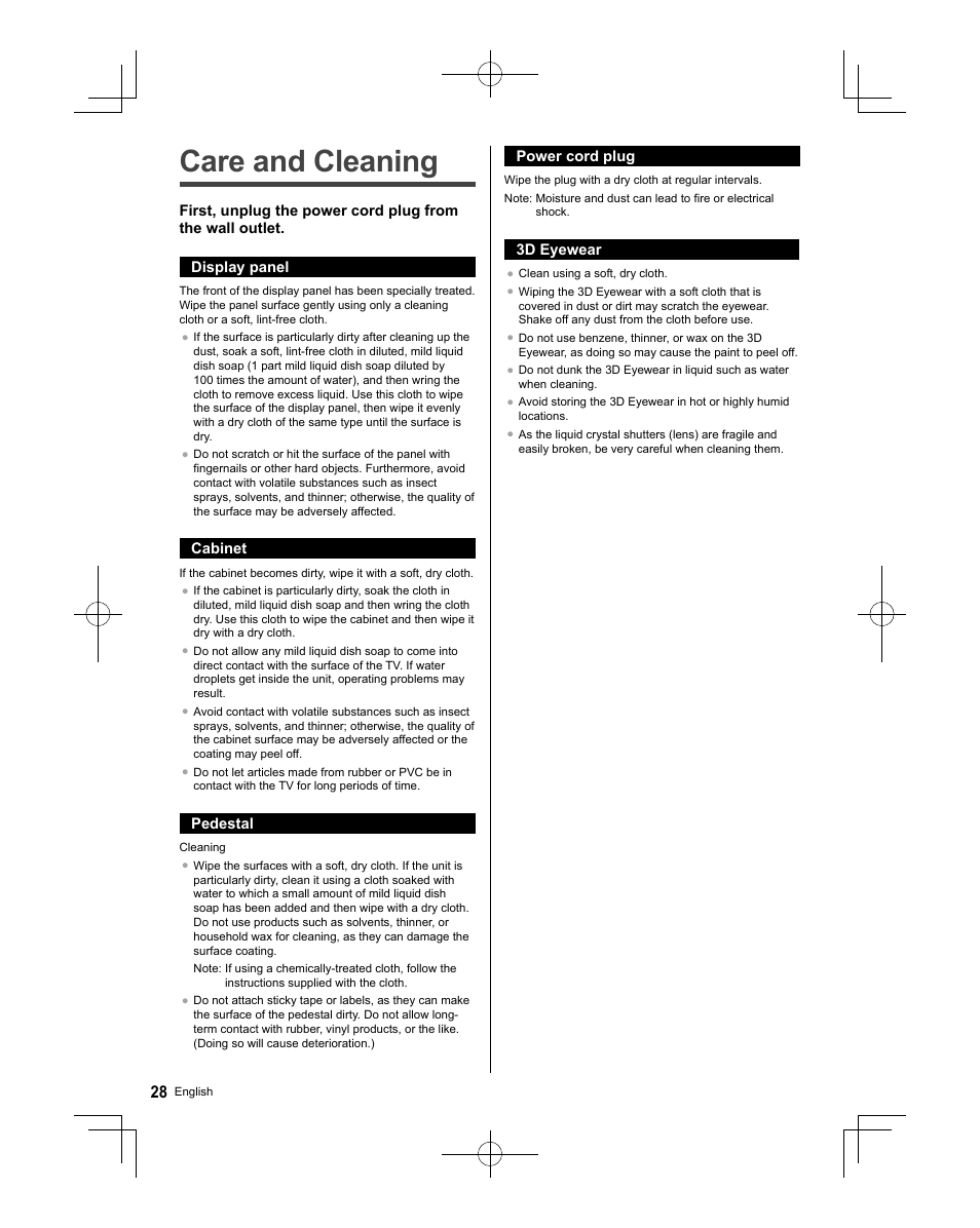 Care and cleaning | Panasonic TC-58AX800U User Manual | Page 28 / 38