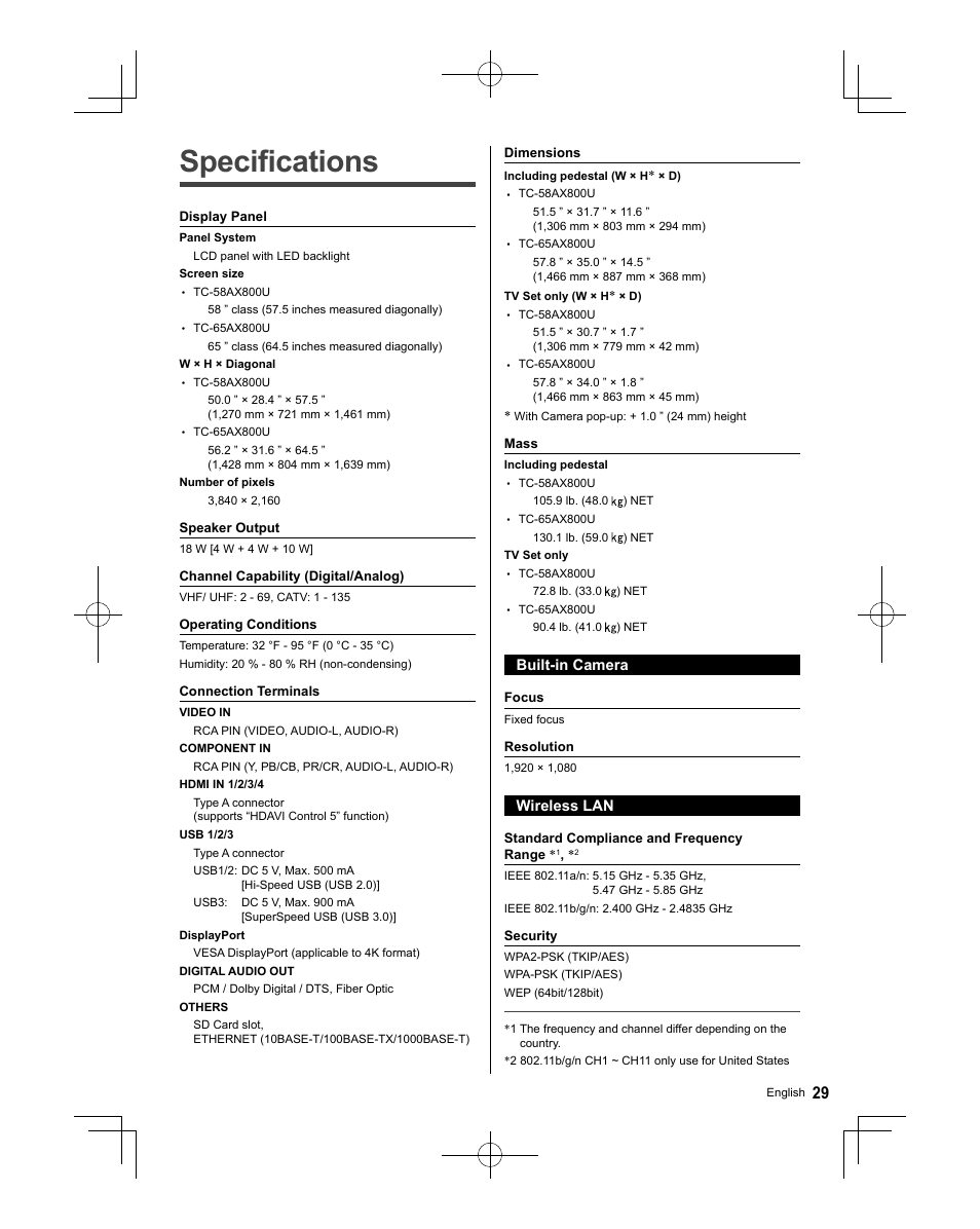Specifications | Panasonic TC-58AX800U User Manual | Page 29 / 38