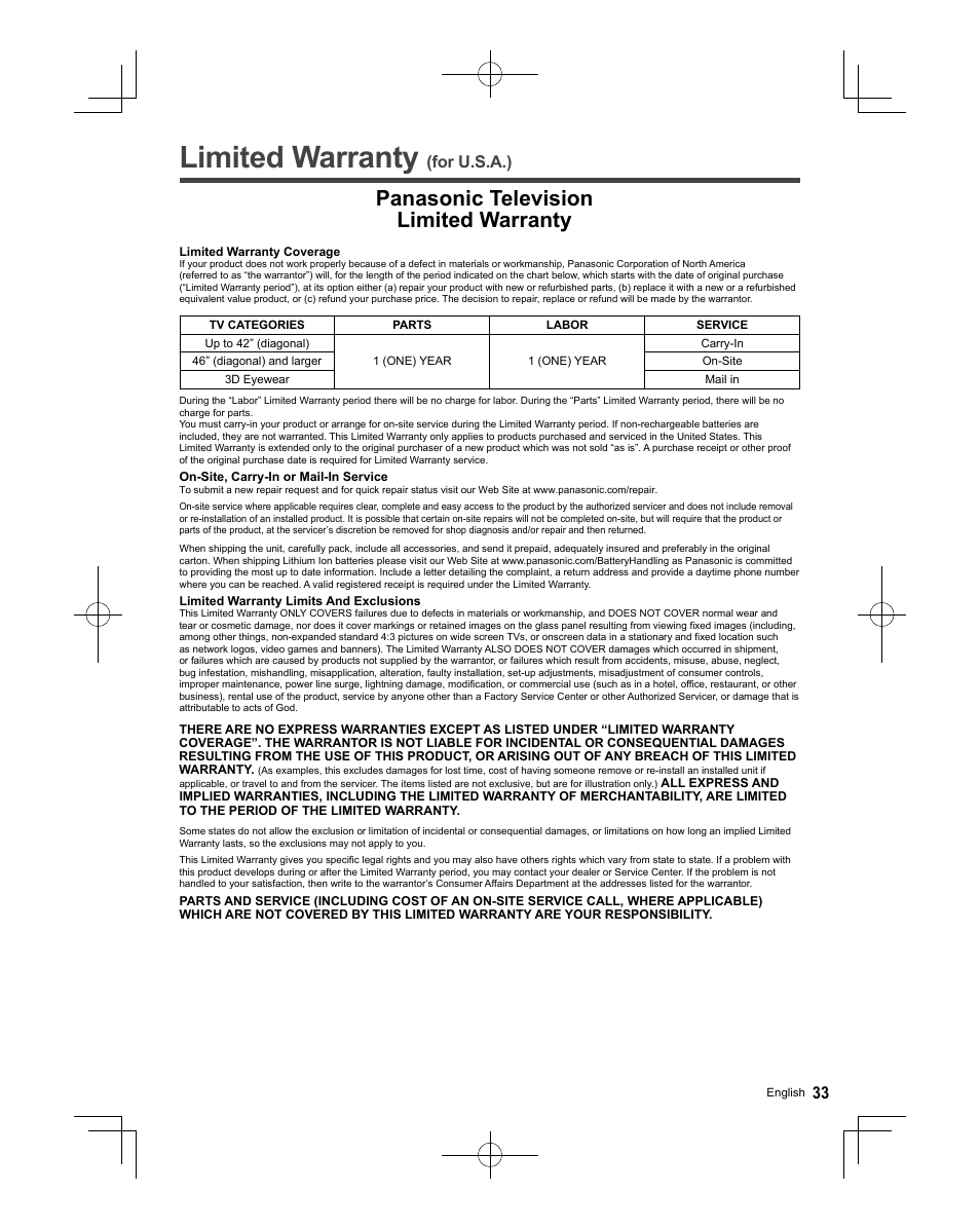 Limited warranty (for u.s.a.), Limited warranty, Panasonic television limited warranty | For u.s.a.) | Panasonic TC-58AX800U User Manual | Page 33 / 38