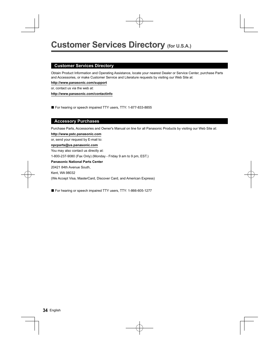 Customer services directory (for u.s.a.), Customer services directory | Panasonic TC-58AX800U User Manual | Page 34 / 38