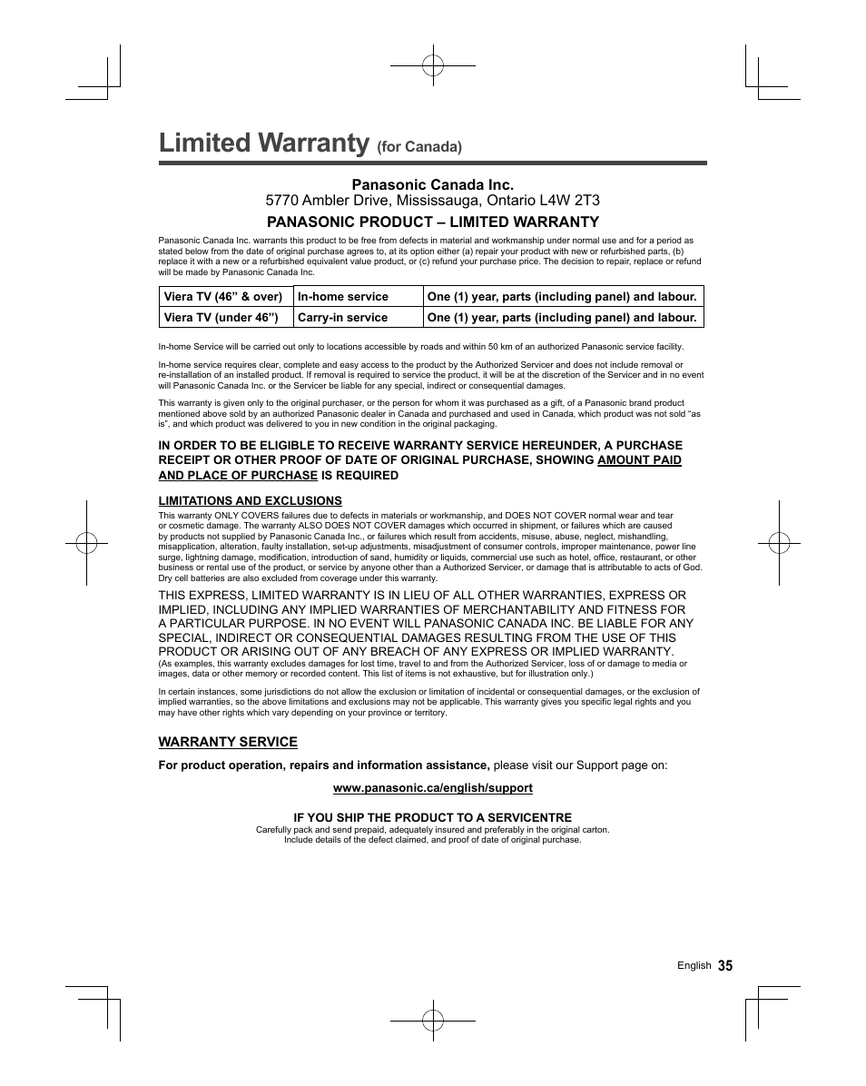 Limited warranty (for canada), Limited warranty | Panasonic TC-58AX800U User Manual | Page 35 / 38