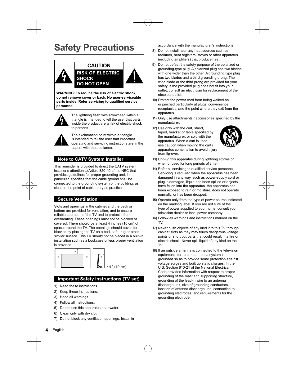 Safety precautions, Caution | Panasonic TC-58AX800U User Manual | Page 4 / 38