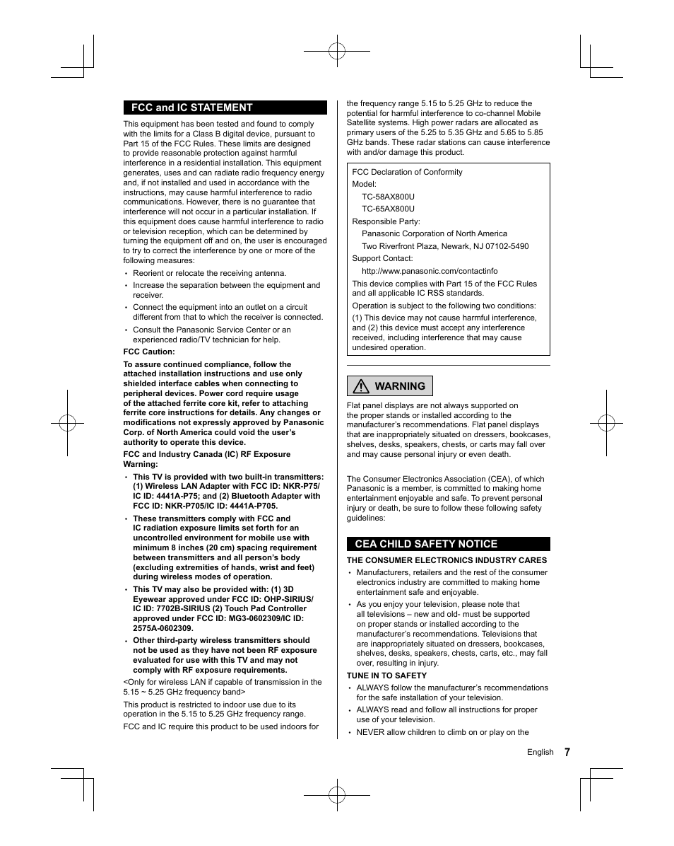Warning, Cea child safety notice, Fcc and ic statement | Panasonic TC-58AX800U User Manual | Page 7 / 38