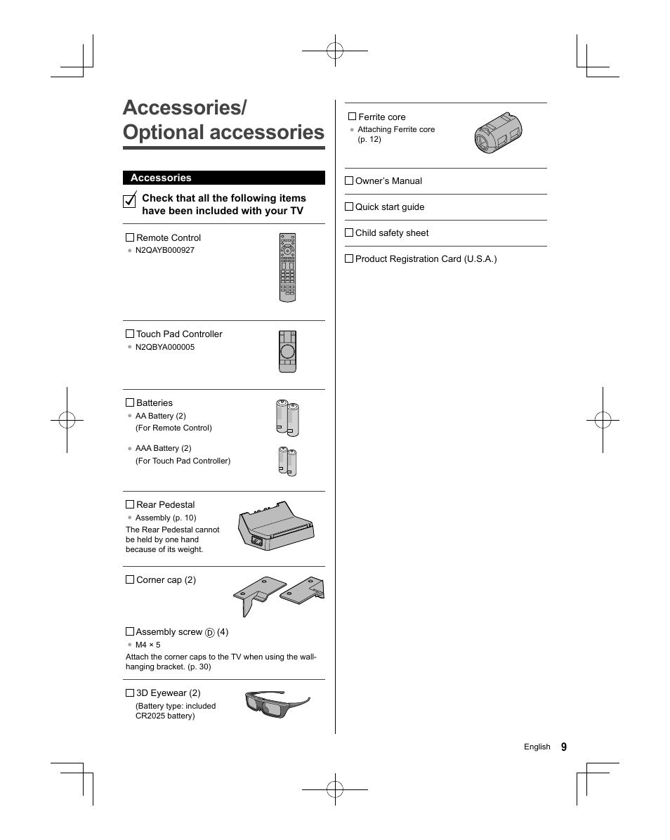 Accessories/optional accessories, Accessories/ optional accessories | Panasonic TC-58AX800U User Manual | Page 9 / 38