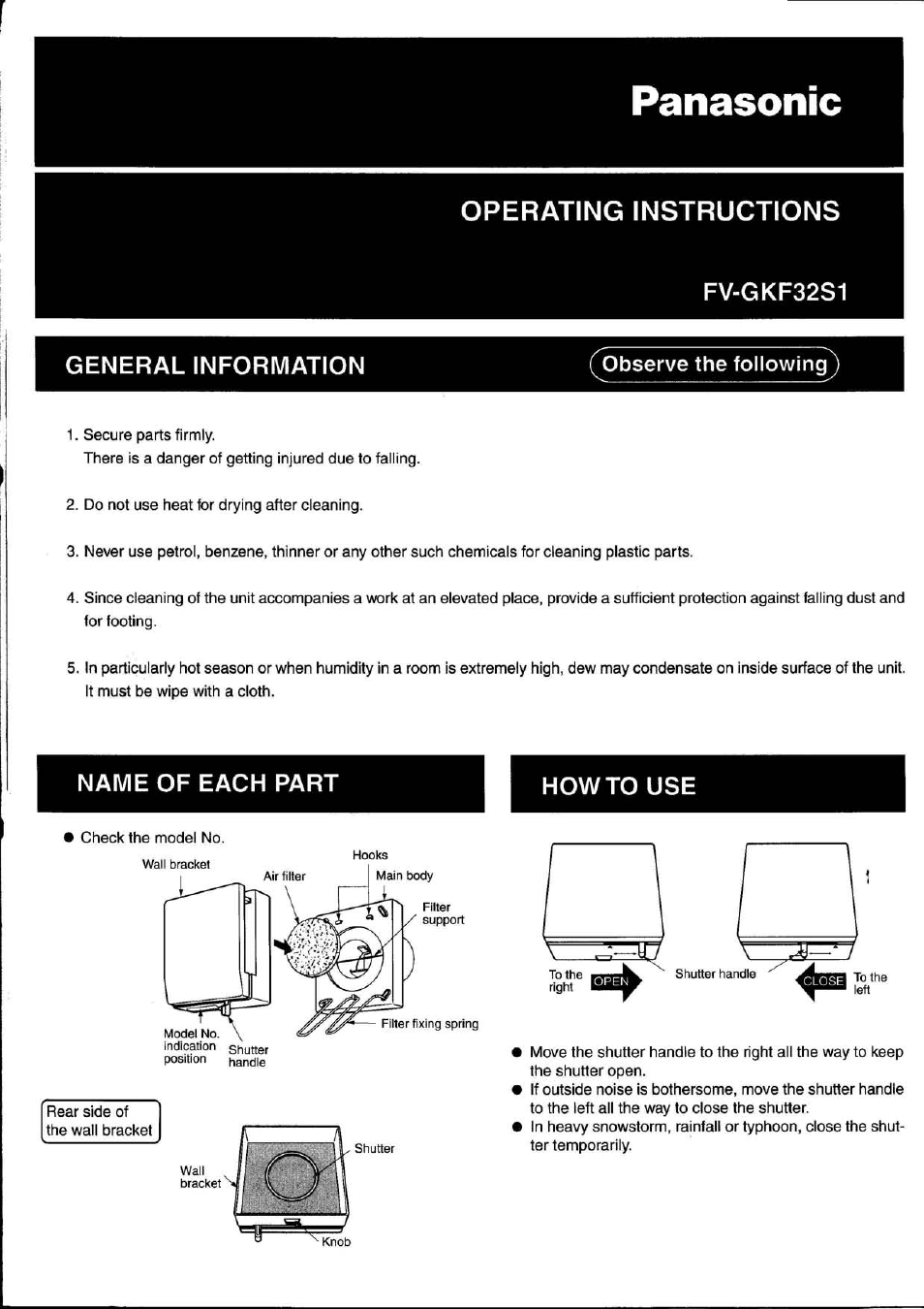 Panasonic FV-GKF32S1 User Manual | 2 pages