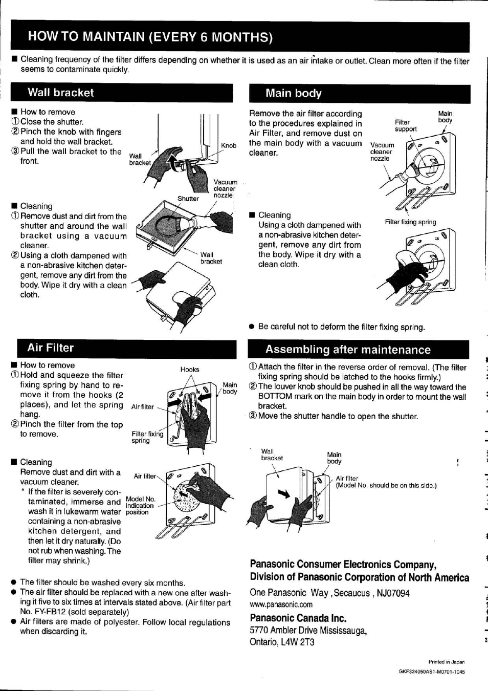 Howto maintain (every 6 months), Wall bracket, Main body | Air filter, Assembling after maintenance, Panasonic canada inc | Panasonic FV-GKF32S1 User Manual | Page 2 / 2