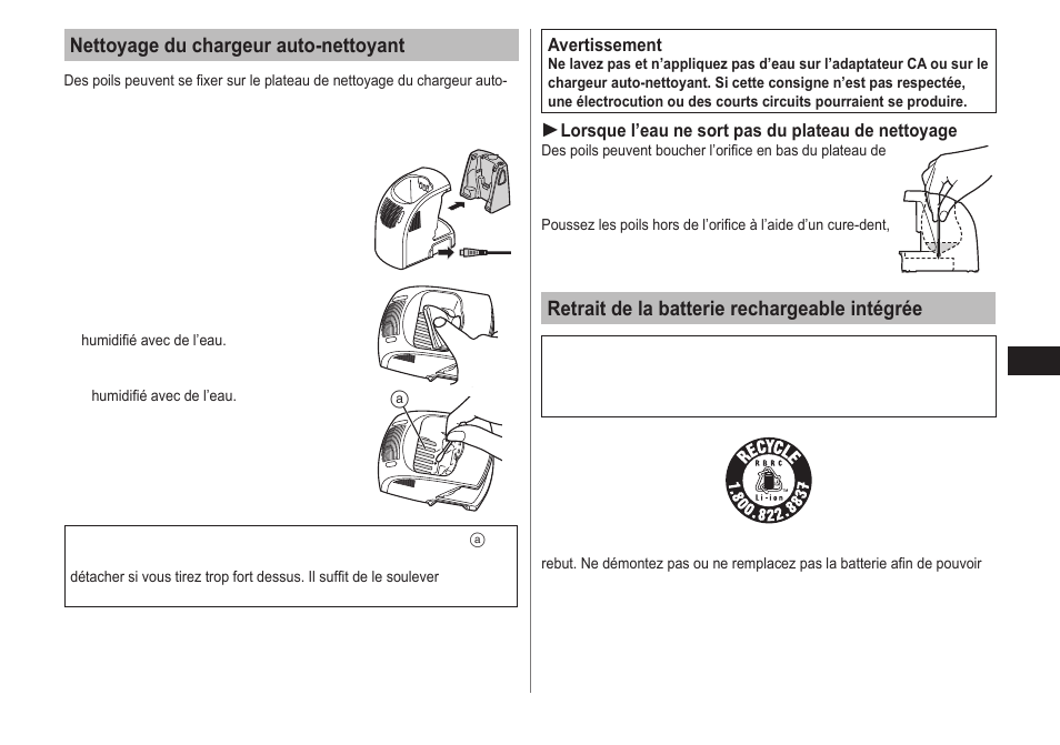Nettoyage du chargeur auto‑nettoyant, Retrait de la batterie rechargeable intégrée | Panasonic ES-LT71-S User Manual | Page 25 / 40