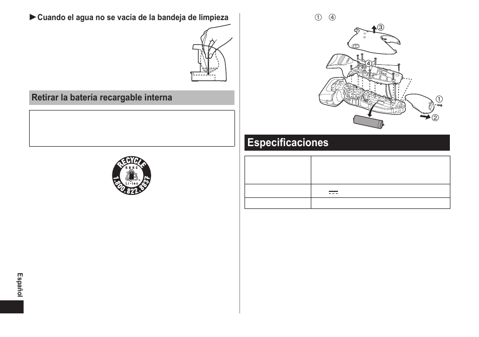 Especificaciones, Retirar la batería recargable interna | Panasonic ES-LT71-S User Manual | Page 38 / 40