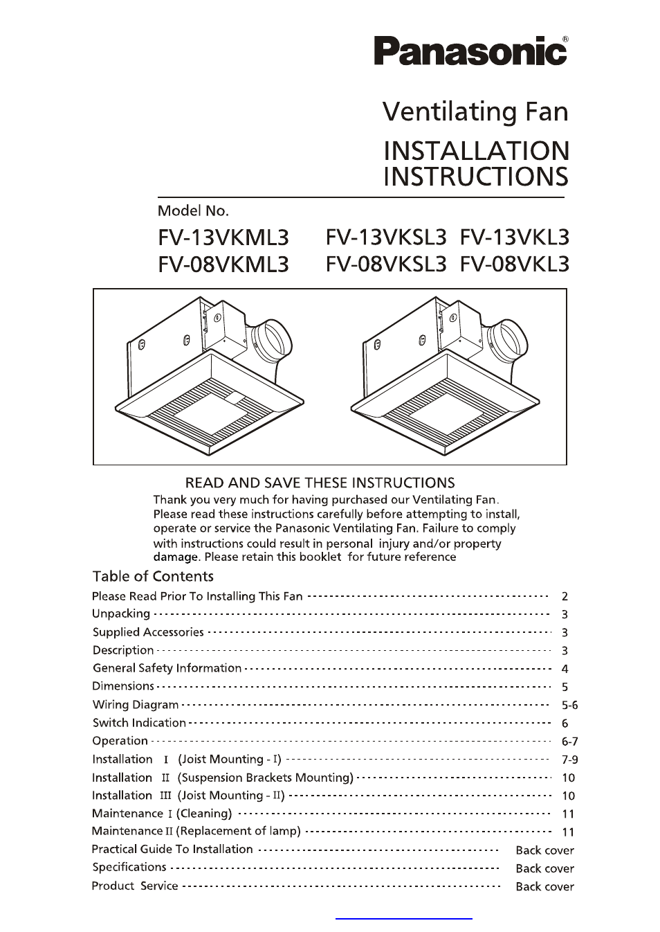 Panasonic FV-13VKML3 User Manual | 12 pages