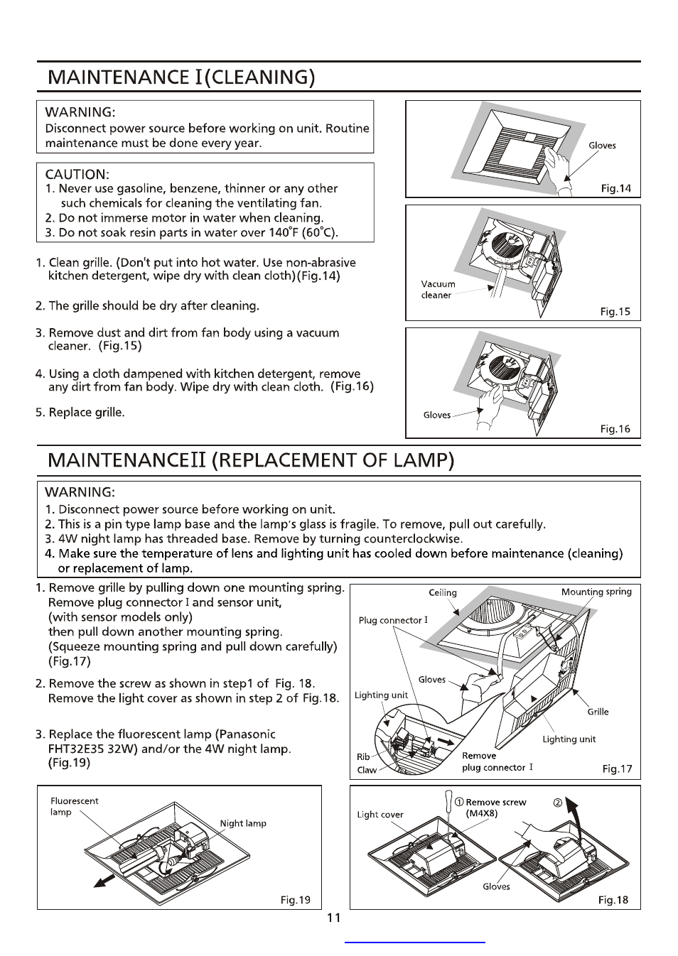 Maintenance i(cleaning), Warning, Caution | Maintenance!! (replacement of lamp), Maintenance i (cleaning), Maintenance ii (replacement of lamp) | Panasonic FV-13VKML3 User Manual | Page 11 / 12