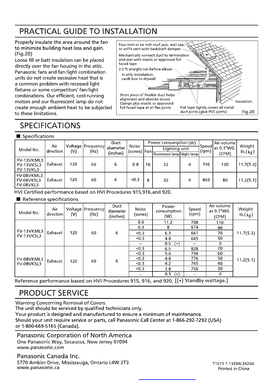 Practical guide to installation, Specifications, Product service | Panasonic corporation of north america, Panasonic canada inc | Panasonic FV-13VKML3 User Manual | Page 12 / 12