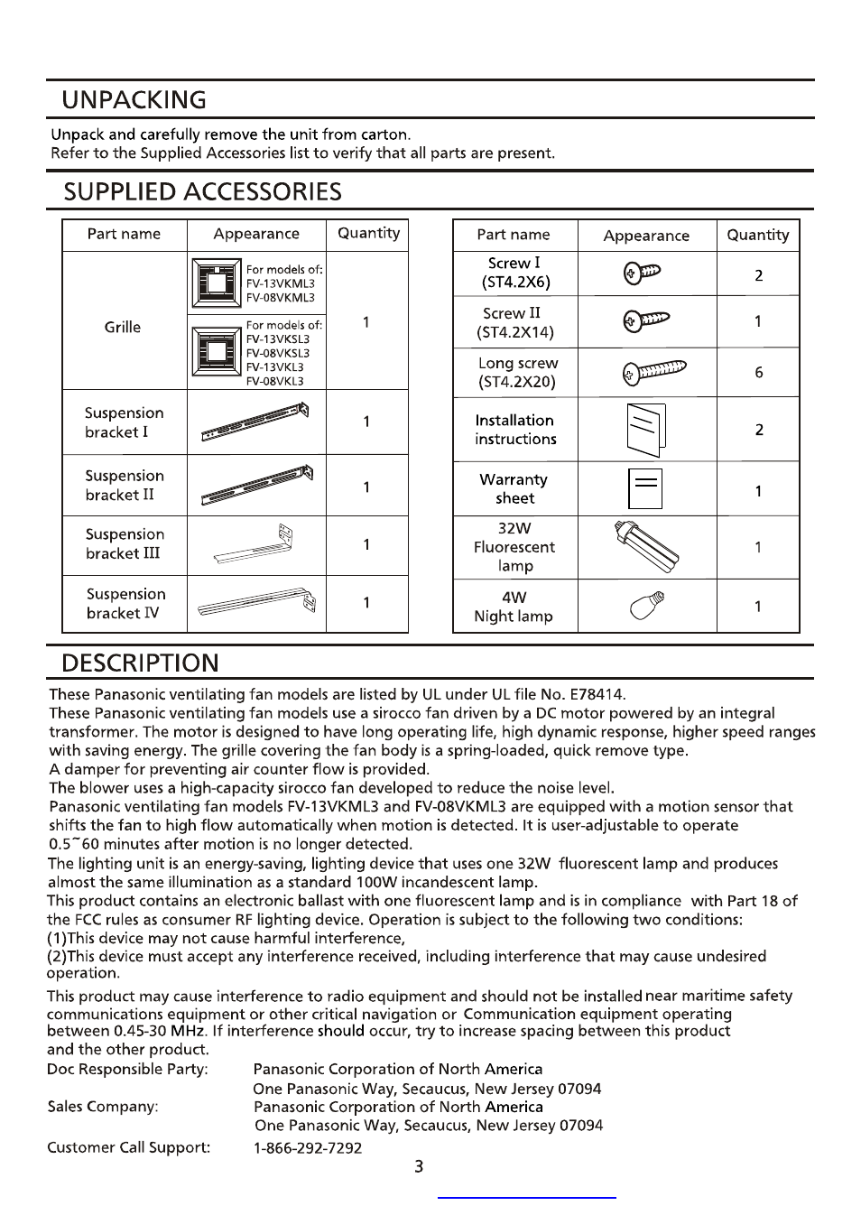 Unpacking, Supplied accessories, Description | Panasonic FV-13VKML3 User Manual | Page 3 / 12