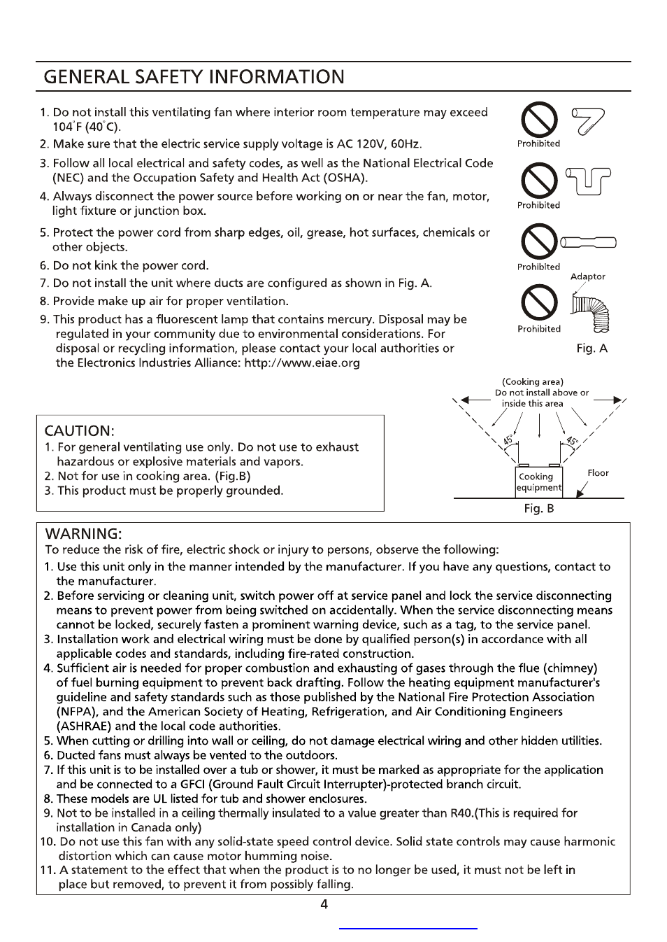 General safety information, Warning | Panasonic FV-13VKML3 User Manual | Page 4 / 12