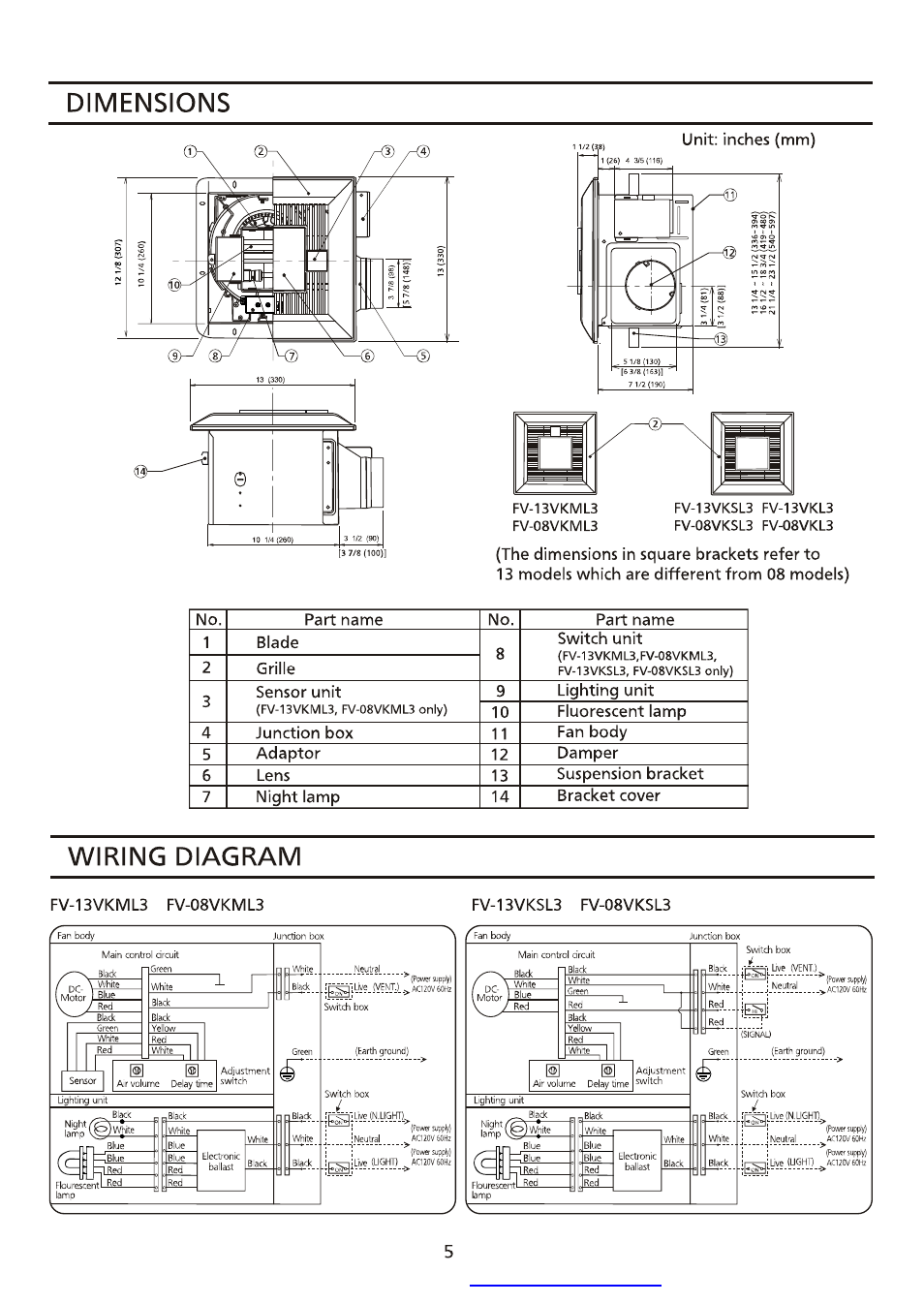 Dimensions, Wiring diagram, Wiring diagram -6 | Panasonic FV-13VKML3 User Manual | Page 5 / 12