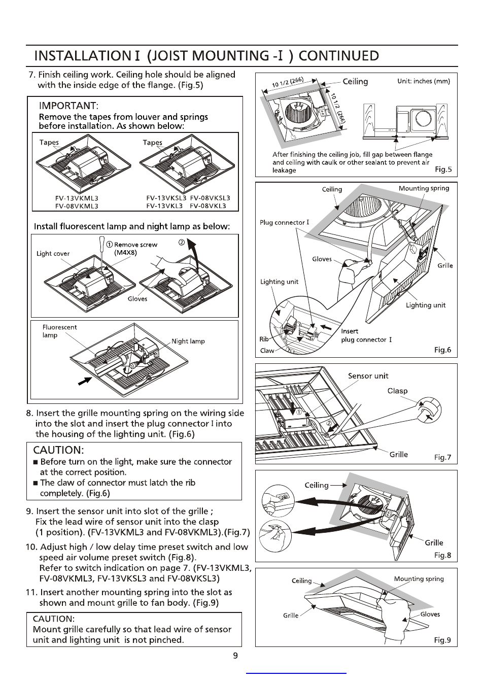 Important, Installation i (joist mounting -i ) continued, Caution | Panasonic FV-13VKML3 User Manual | Page 9 / 12