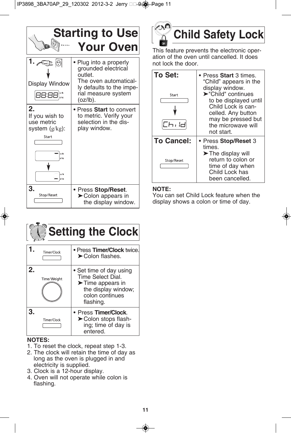 Setting the clock, Starting to use your oven child safety lock | Panasonic NN-SD372S User Manual | Page 13 / 60