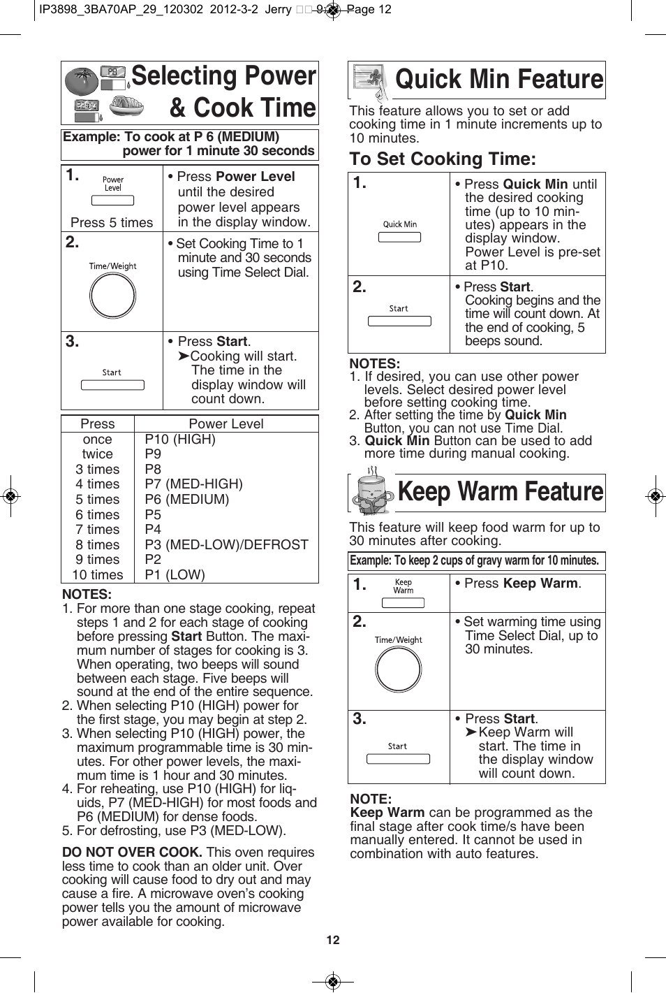 Selecting power & cook time, Quick min feature, Keep warm feature | Panasonic NN-SD372S User Manual | Page 14 / 60