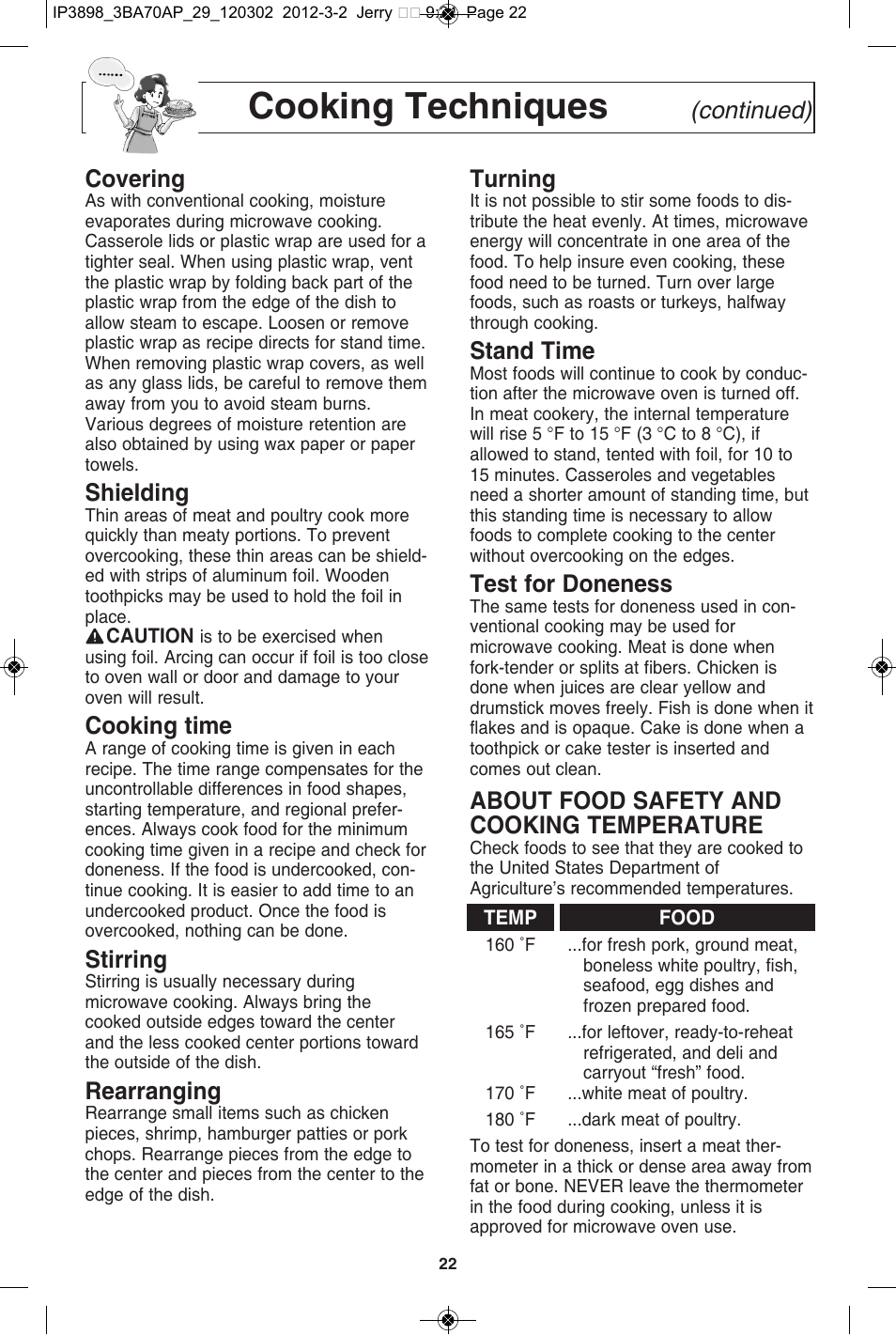 Cooking techniques, Continued) covering, Shielding | Cooking time, Stirring, Rearranging, Turning, Stand time, Test for doneness, About food safety and cooking temperature | Panasonic NN-SD372S User Manual | Page 24 / 60