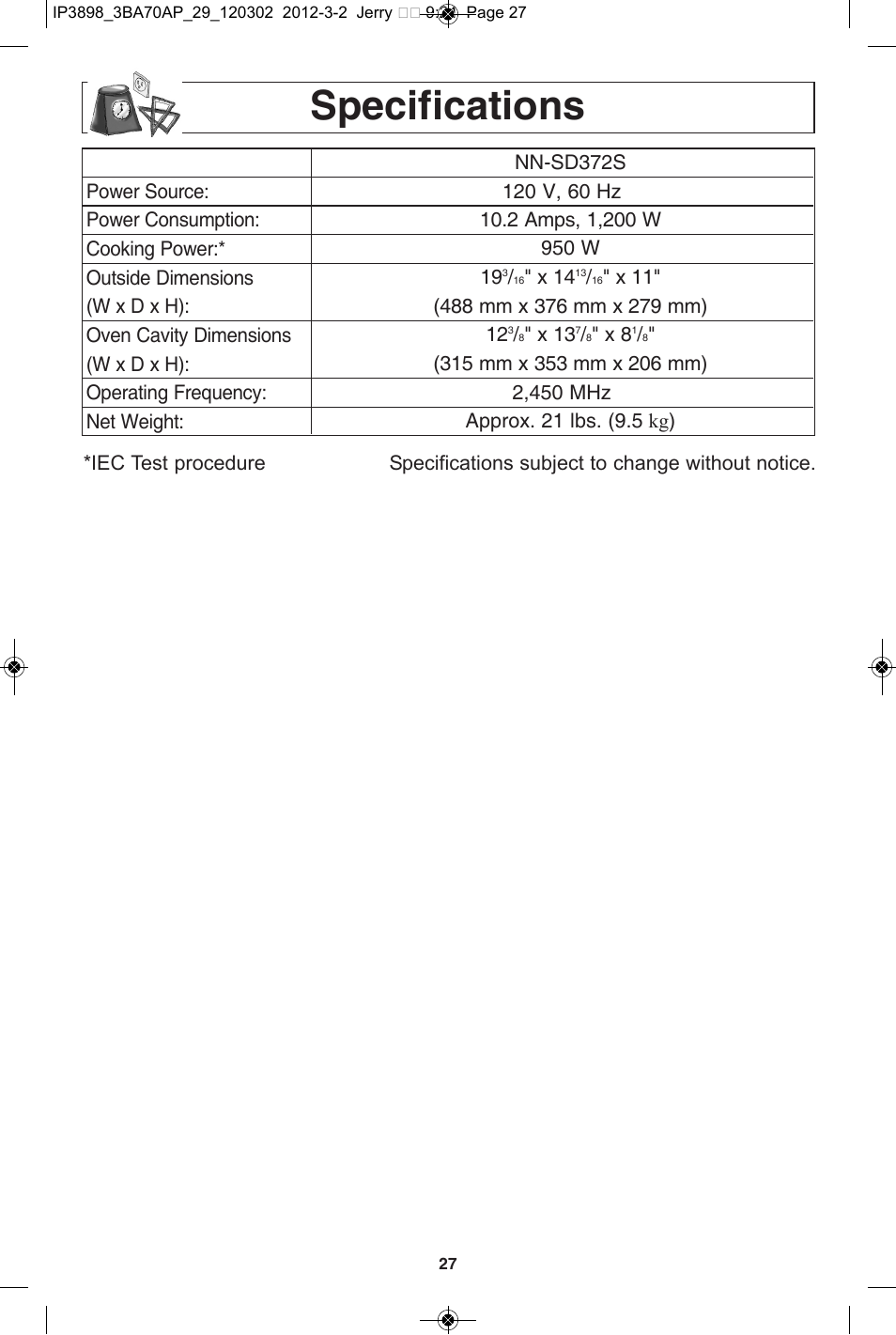Specifications | Panasonic NN-SD372S User Manual | Page 29 / 60
