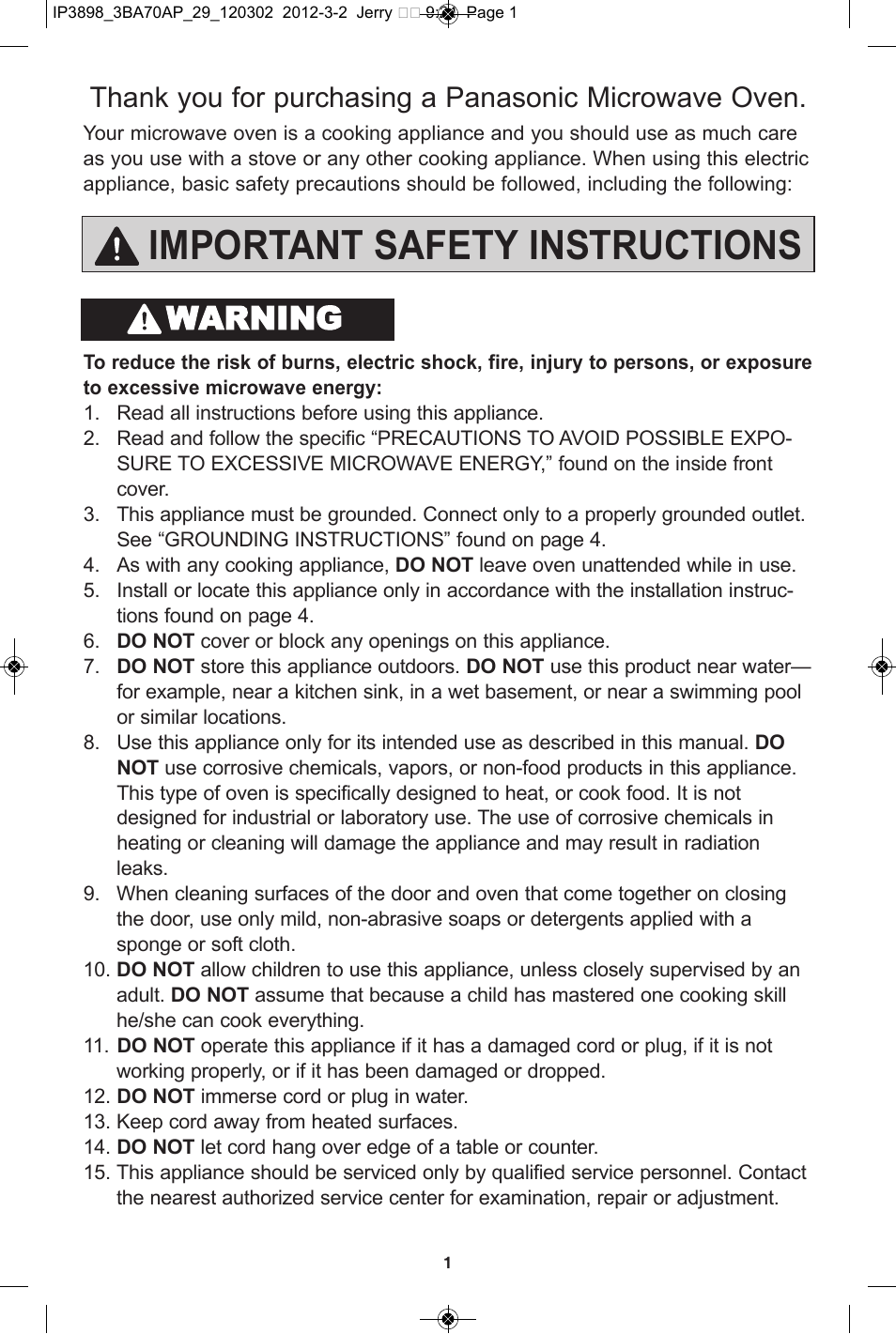 Important safety instructions, Warning | Panasonic NN-SD372S User Manual | Page 3 / 60