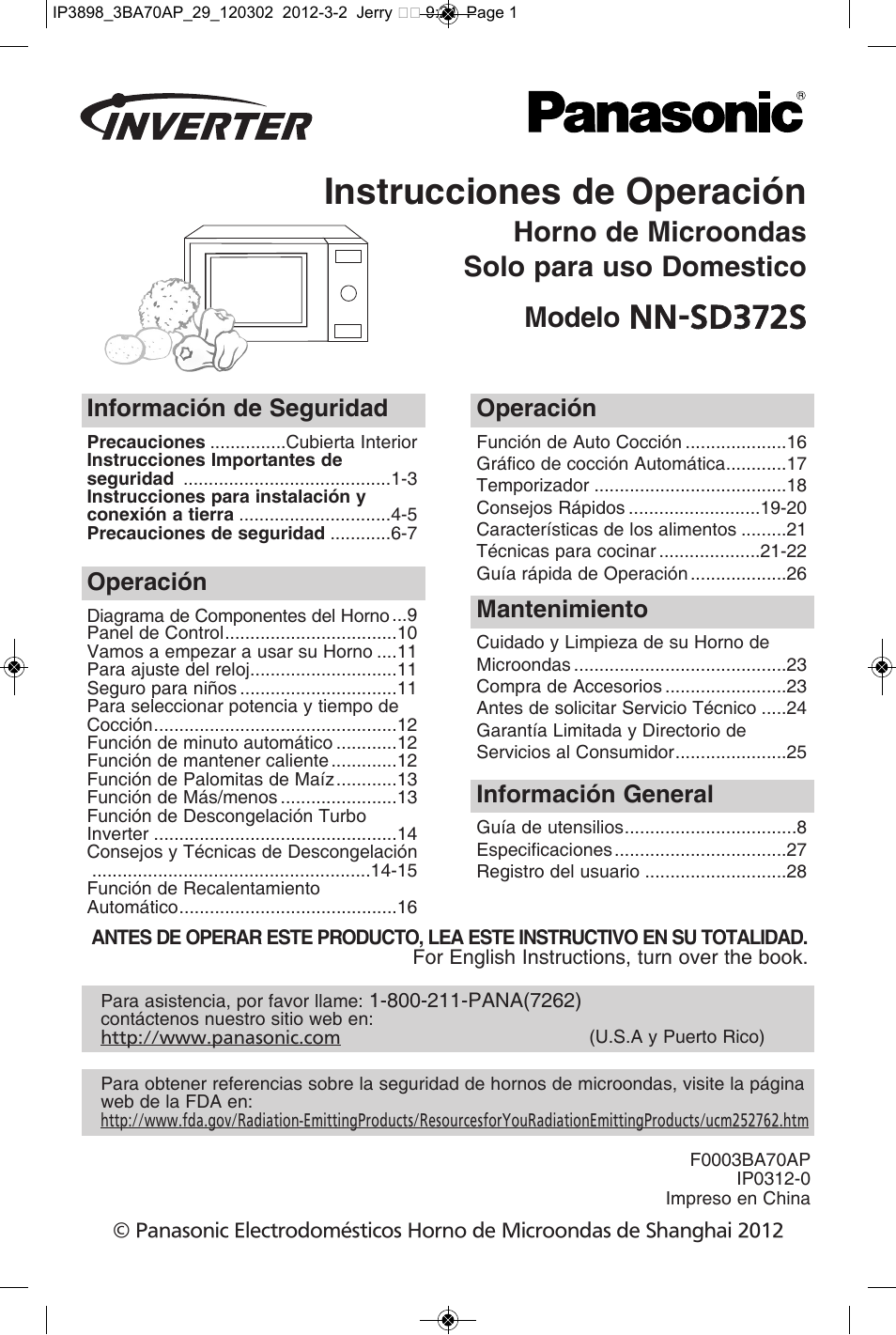Instrucciones de operación, Información de seguridad, Operación | Mantenimiento, Información general | Panasonic NN-SD372S User Manual | Page 31 / 60
