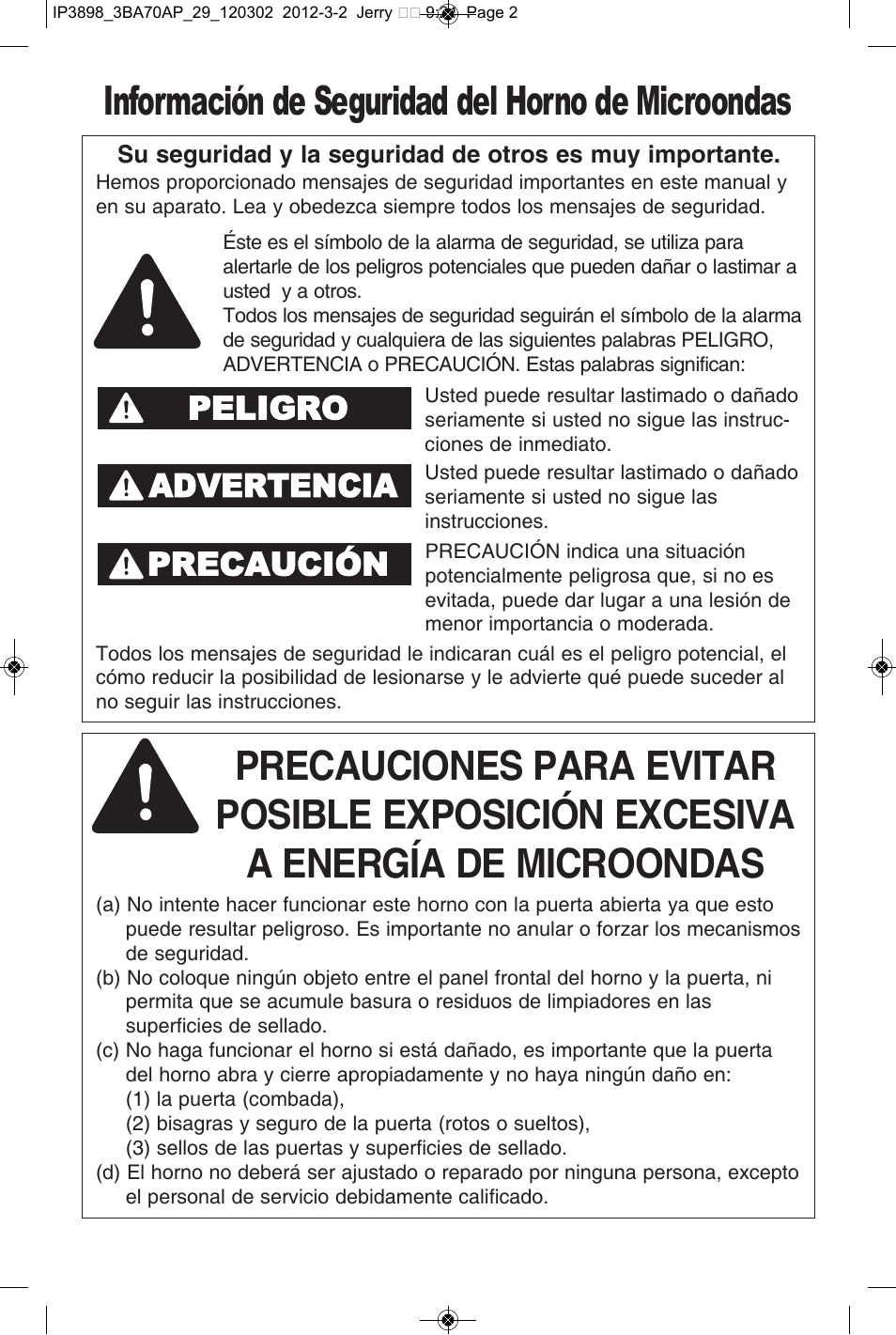 Información de seguridad del horno de microondas, Peligro advertencia, Precaución | Panasonic NN-SD372S User Manual | Page 32 / 60