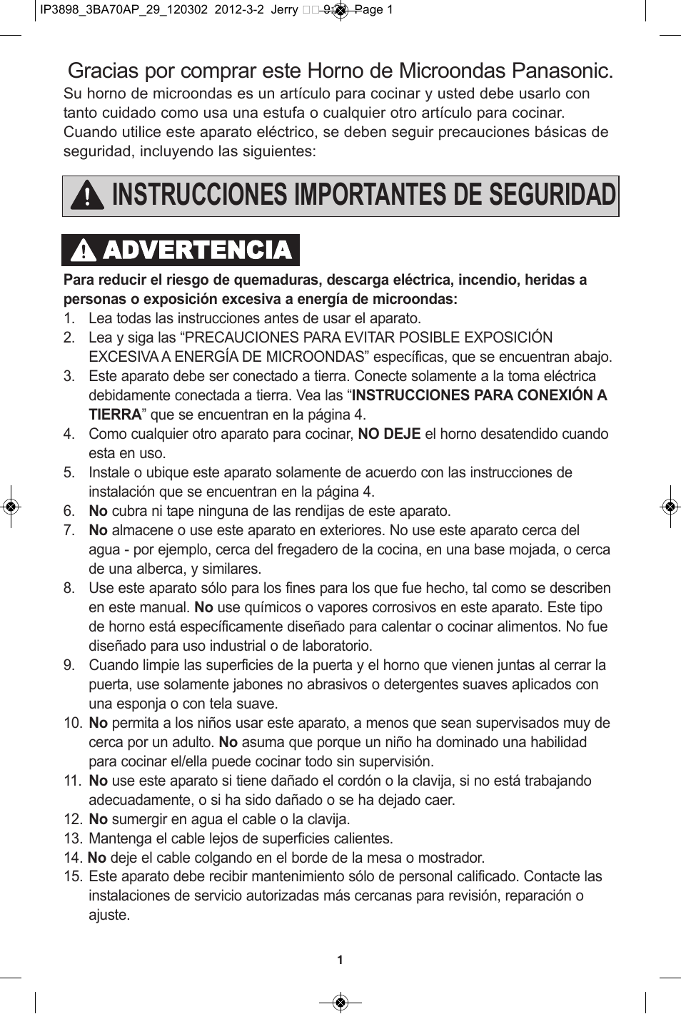 Instrucciones importantes de seguridad, Advertencia | Panasonic NN-SD372S User Manual | Page 33 / 60
