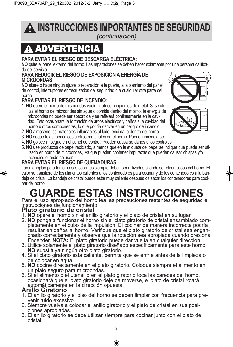 Guarde estas instrucciones, Instrucciones importantes de seguridad, Advertencia | Panasonic NN-SD372S User Manual | Page 35 / 60