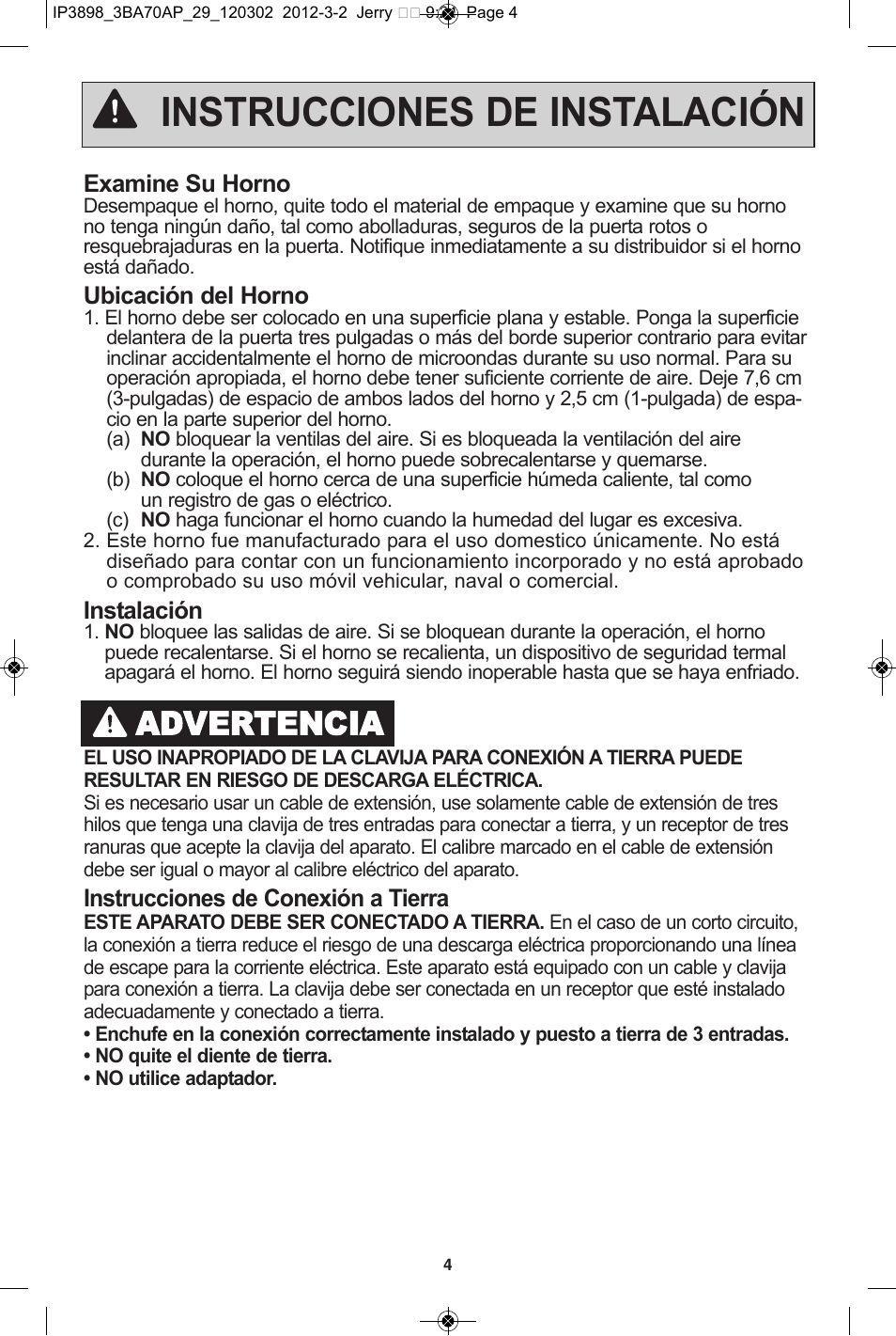 Instrucciones de instalación, Advertencia | Panasonic NN-SD372S User Manual | Page 36 / 60