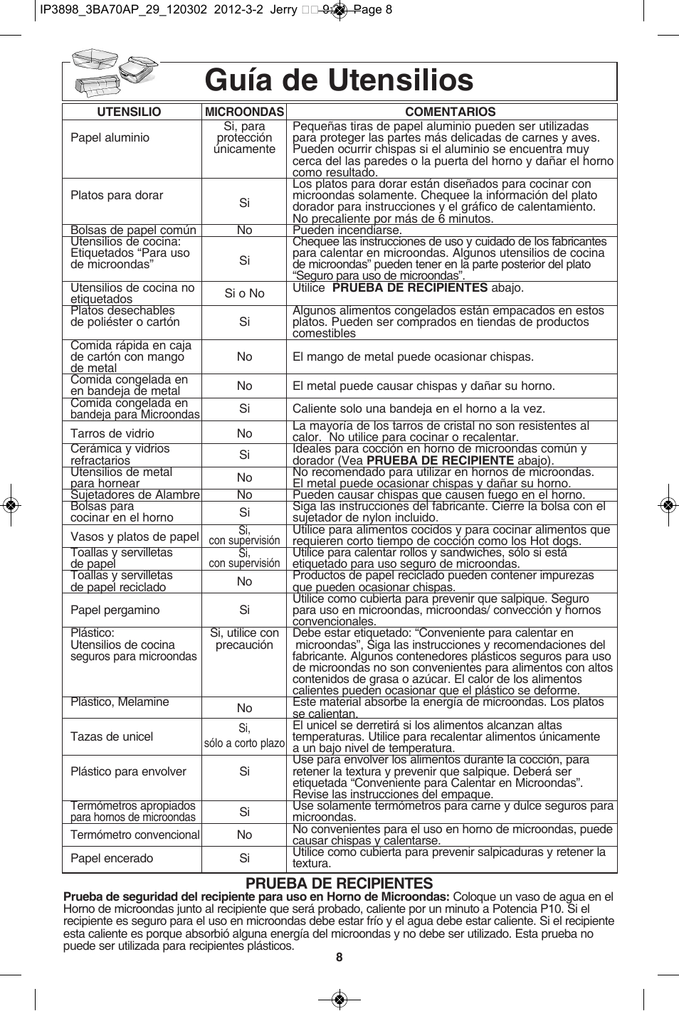 Guía de utensilios, Prueba de recipientes | Panasonic NN-SD372S User Manual | Page 40 / 60