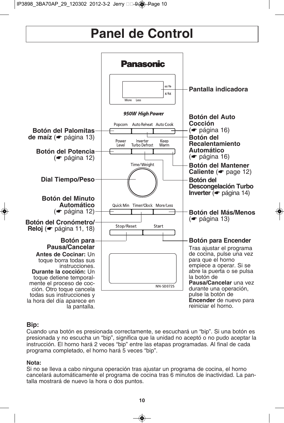 Panel de control | Panasonic NN-SD372S User Manual | Page 42 / 60