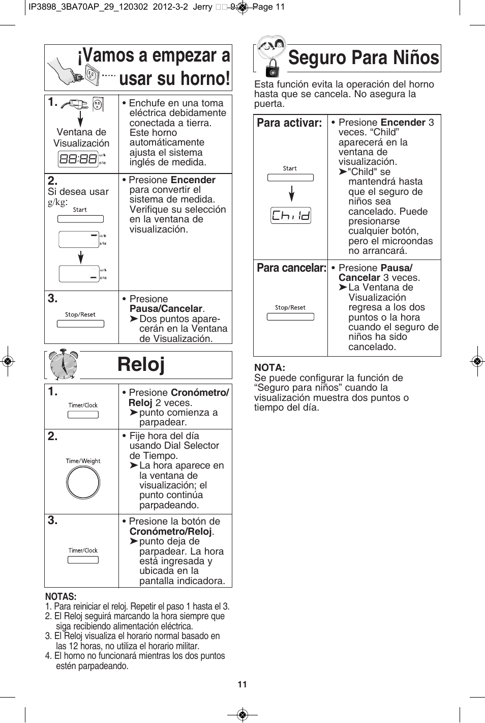 Reloj, Vamos a empezar a usar su horno! seguro para niños | Panasonic NN-SD372S User Manual | Page 43 / 60