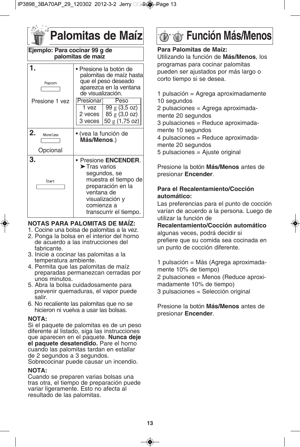 Palomitas de maíz, Función más/menos | Panasonic NN-SD372S User Manual | Page 45 / 60