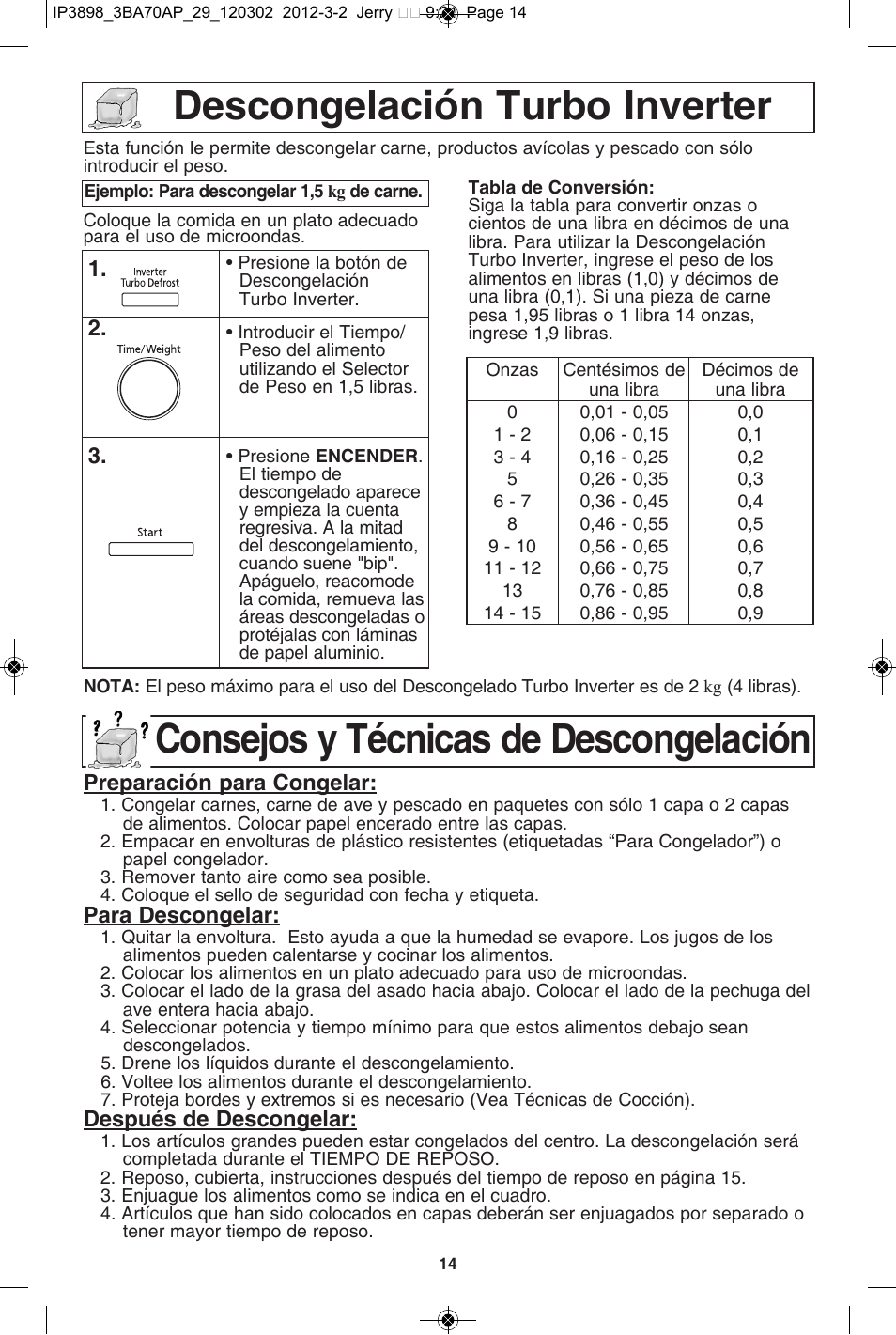Descongelación turbo inverter, Consejos y técnicas de descongelación | Panasonic NN-SD372S User Manual | Page 46 / 60