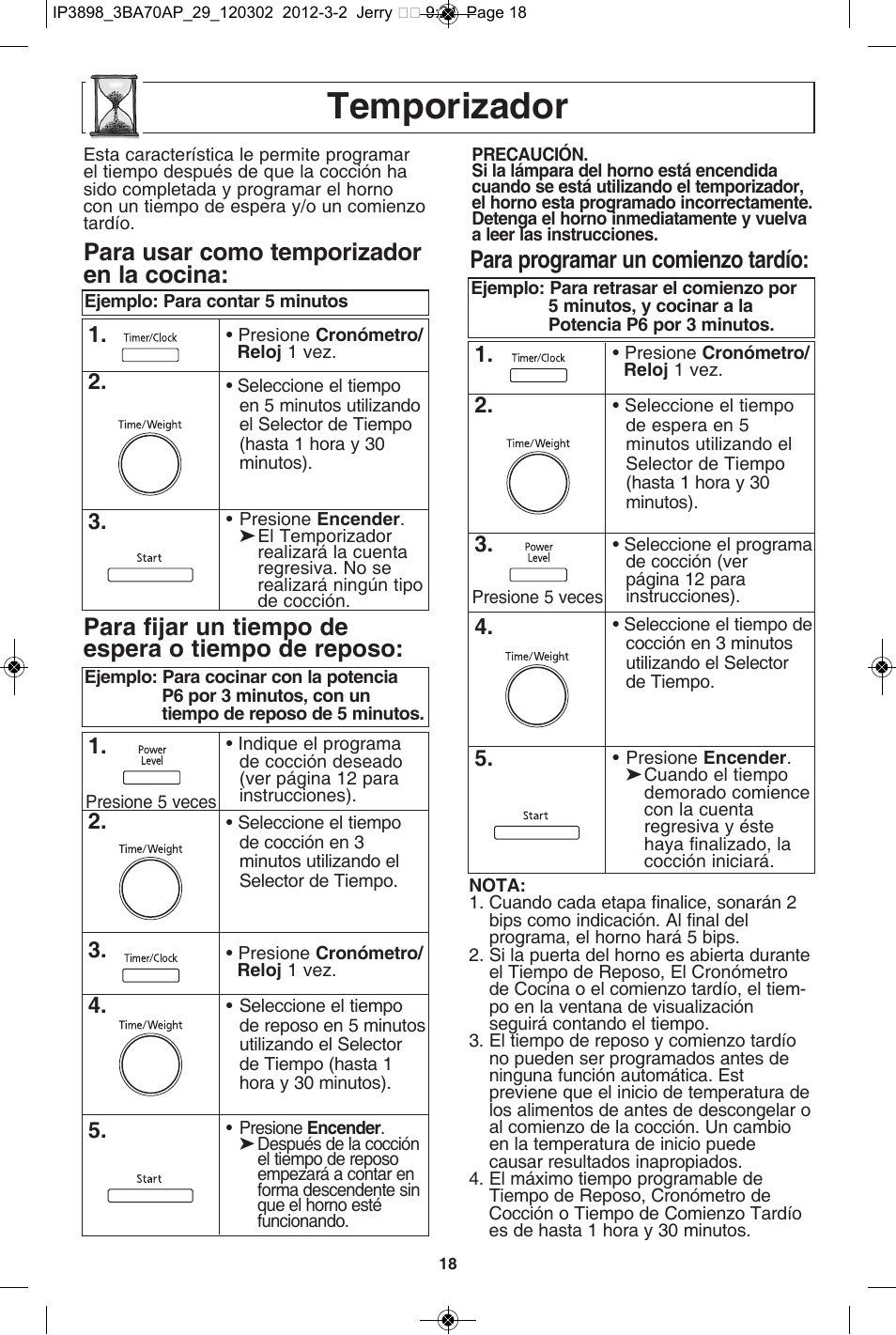 Temporizador, Para usar como temporizador en la cocina, Para fijar un tiempo de espera o tiempo de reposo | Para programar un comienzo tardío | Panasonic NN-SD372S User Manual | Page 50 / 60