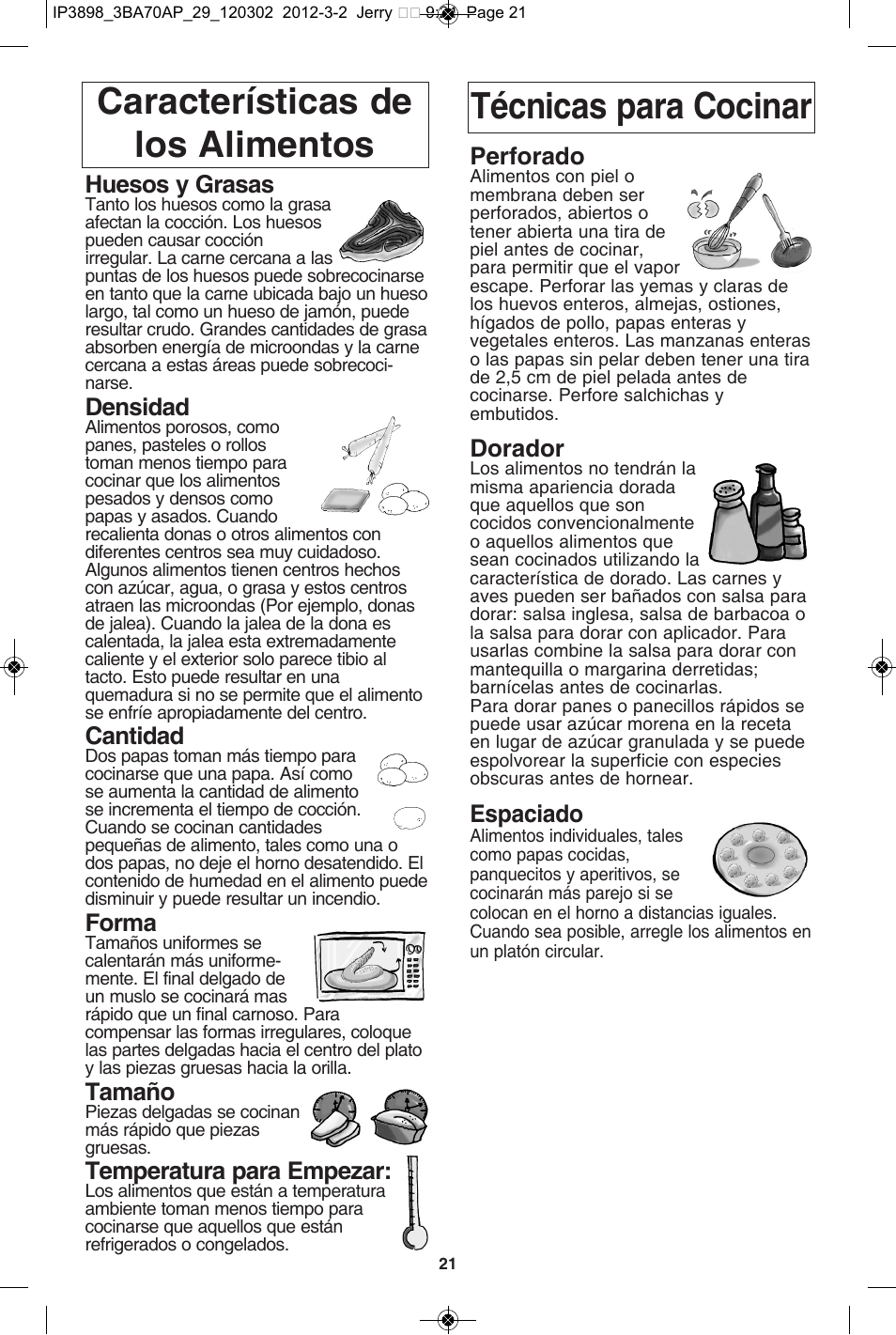 Huesos y grasas, Densidad, Cantidad | Forma, Tamaño, Temperatura para empezar, Perforado, Dorador, Espaciado | Panasonic NN-SD372S User Manual | Page 53 / 60