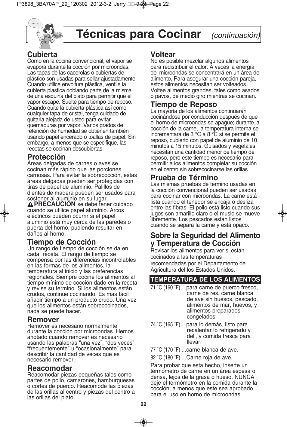 Técnicas para cocinar, Continuación) cubierta, Protección | Tiempo de cocción, Remover, Reacomodar, Voltear, Tiempo de reposo, Prueba de término | Panasonic NN-SD372S User Manual | Page 54 / 60