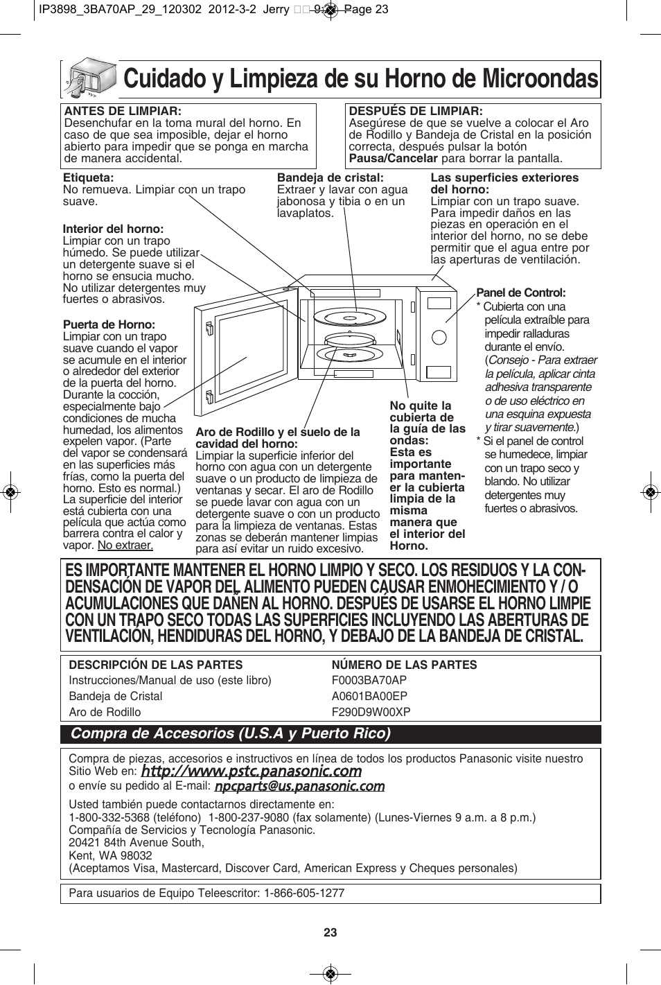 Cuidado y limpieza de su horno de microondas | Panasonic NN-SD372S User Manual | Page 55 / 60