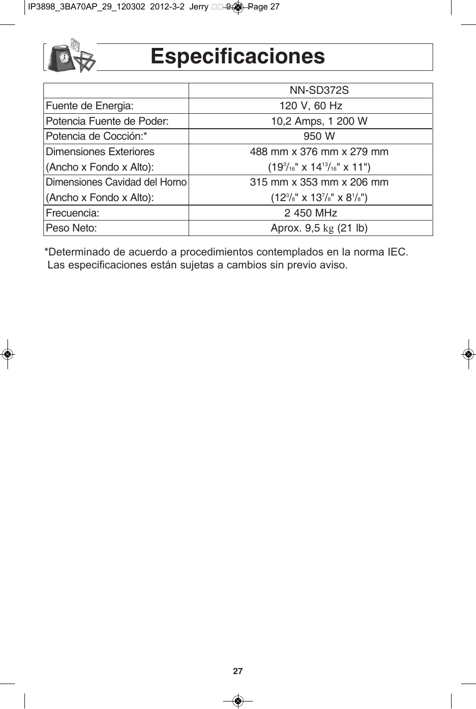 Especificaciones | Panasonic NN-SD372S User Manual | Page 59 / 60