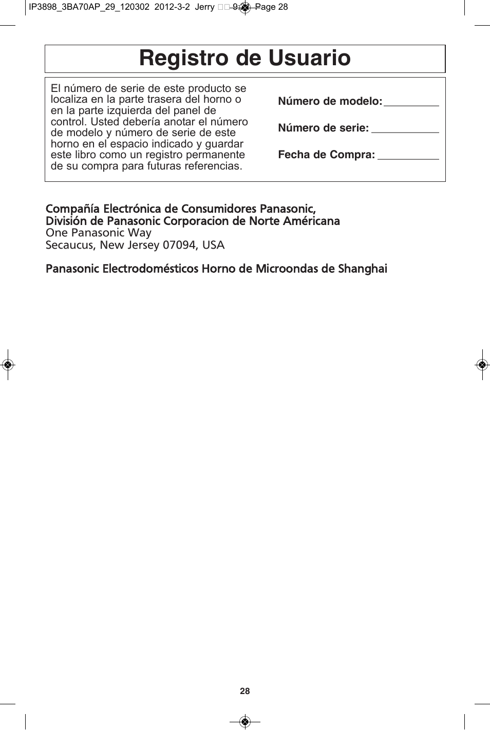 Registro de usuario | Panasonic NN-SD372S User Manual | Page 60 / 60